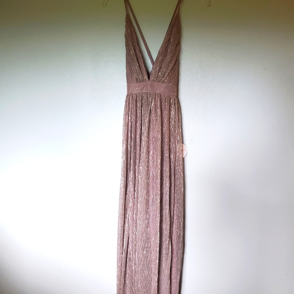 Floor length sparkly mauve spaghetti strap Luxxel gown.